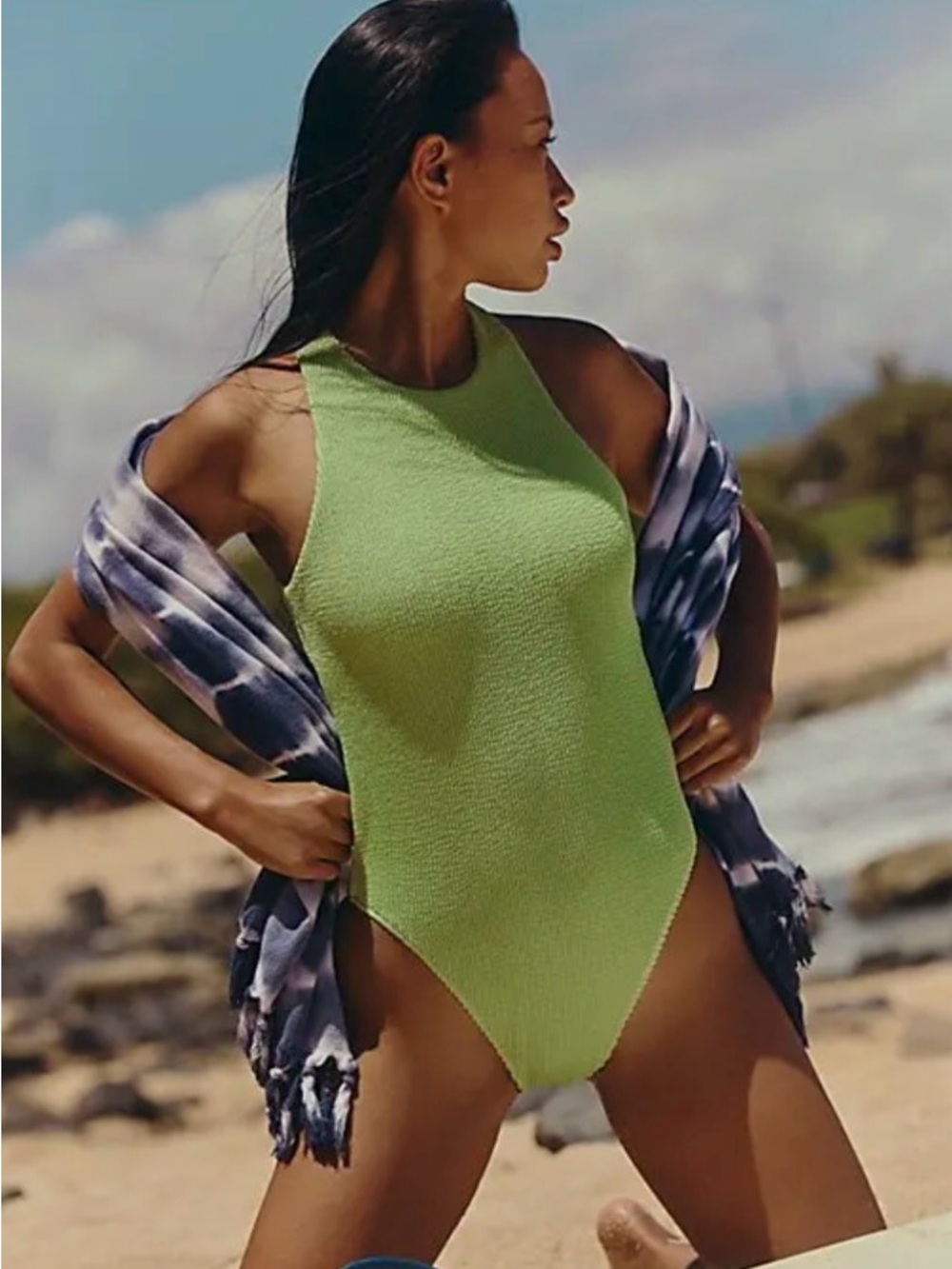 Rhythm. Textured Lime Green High-Neck One-Piece Swimsuit